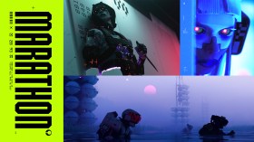 Marathon key art, featuring a split screen of characters and landscapes.