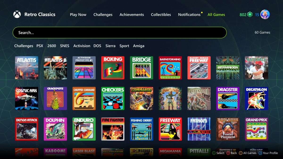 Xbox Retro Classics All Games page, includes lists of video games available on Retro Classics, including Atlantis 1 and 2, Activision Prototype 1, and Boxing. 