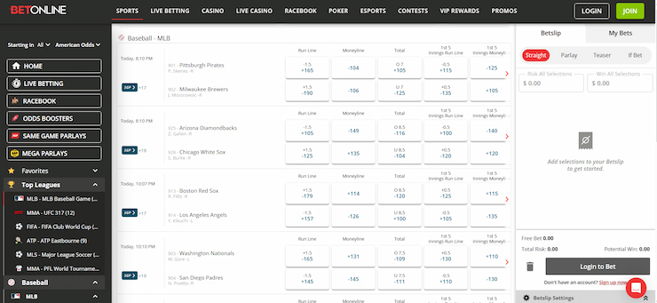 BetOnline baseball betting markets