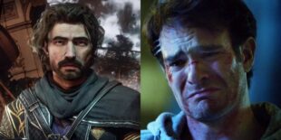 Gustave from Clair Obscur Expedition 3 and Charlie Cox, the actor who plays him. Charlie Cox is frowning intensely, in a screenshot taken from Netflix's Daredevil.