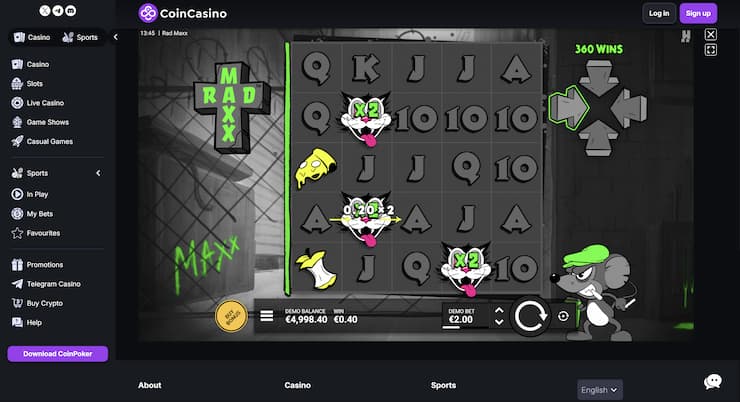 An image of gameplay at CoinCasino from our Rad Maxx Slot Review page