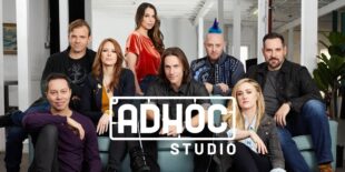 Members of Critical Role positioned behind the logo of Adhoc Studios, the Indie Game Studio that will reportedly develop the Critical Role video game