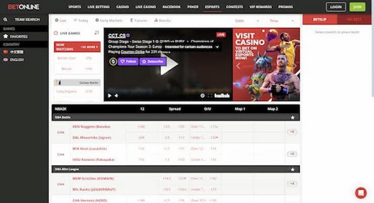 BetOnline Esports betting live betting page