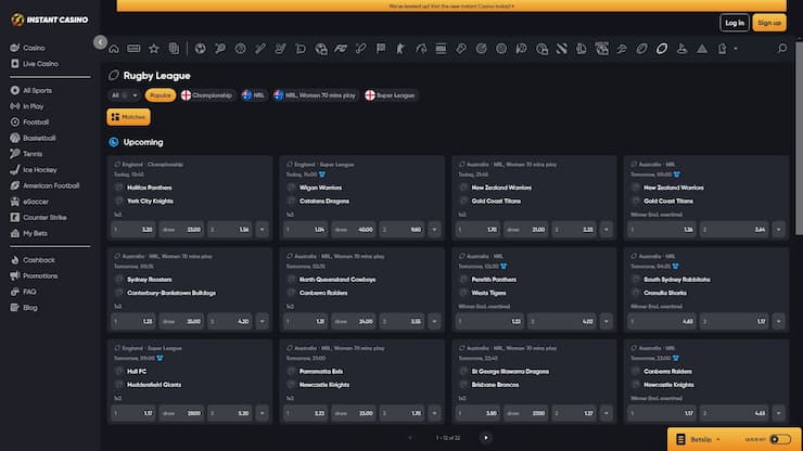 Instant Casino Rugby League Betting