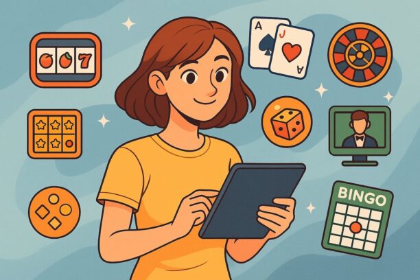 Cartoon woman playing online casino games on her ipad