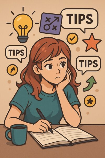 Cartoon woman contemplating online casino tips and tricks