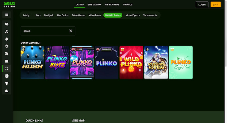 Wild Casino plinko games screenshot