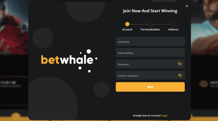 BetWhale sign up page