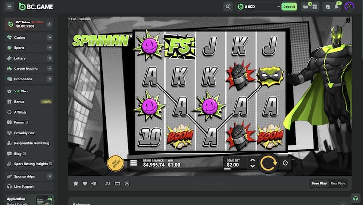 An image of gameplay at BC.Game from our Spinman slot review 