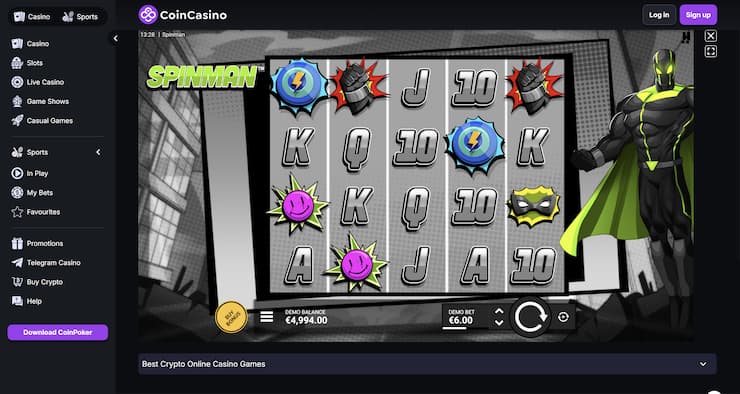 An image of gameplay from our Spinman slot review at CoinCasino