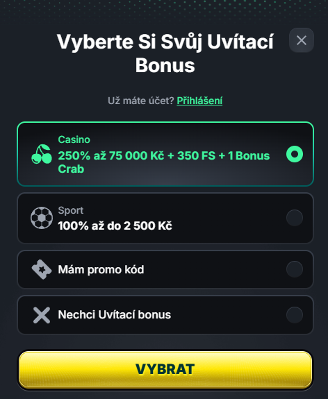 V dalším kroku si zvolíte vstupní bonus