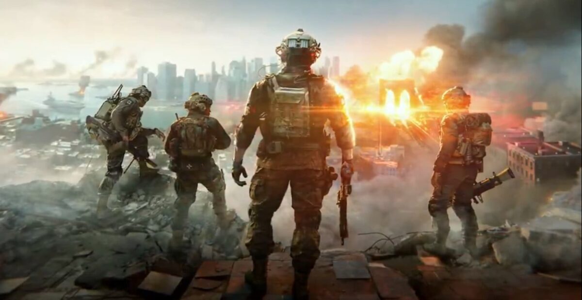 Battlefield 6 soldiers looking at a war-torn New York.