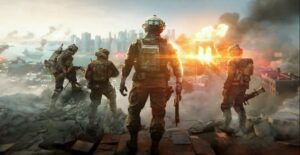 Battlefield 6 soldiers looking at a war-torn New York.