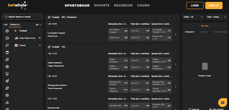 BetWhale sportsbook showing football betting options