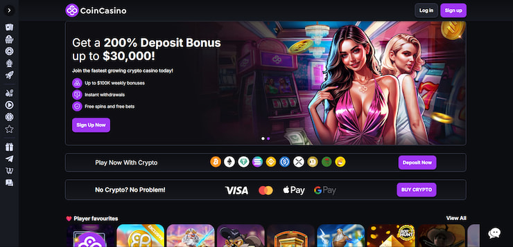 CoinCasino home page, showcasing the welcome bonus of 200% up to $30,000