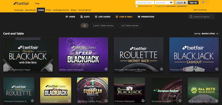 game selection at betfair online casino uk