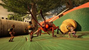 The kids in Grounded 2 fighting a rather mean-looking bug.