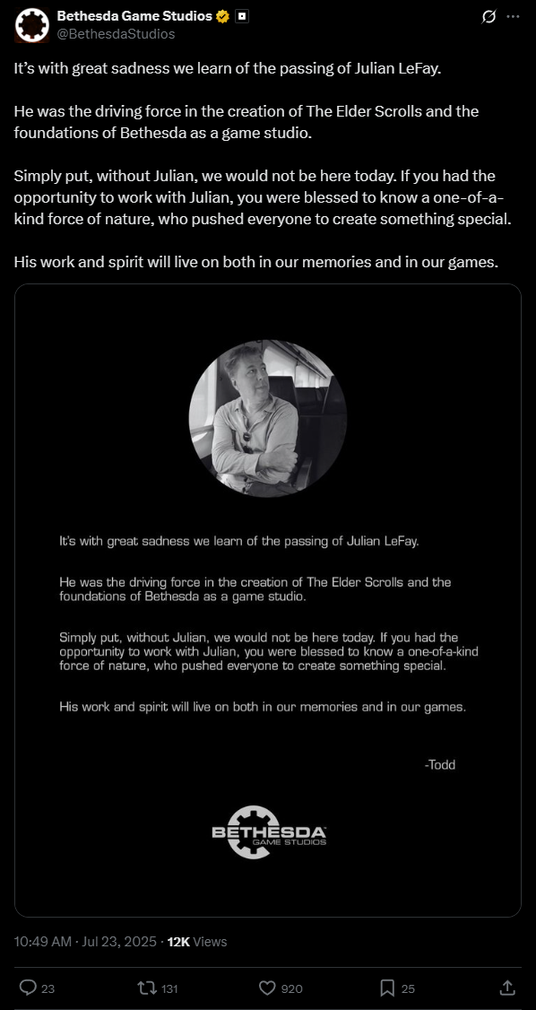 The Elder Scrolls publisher shares its condolences.