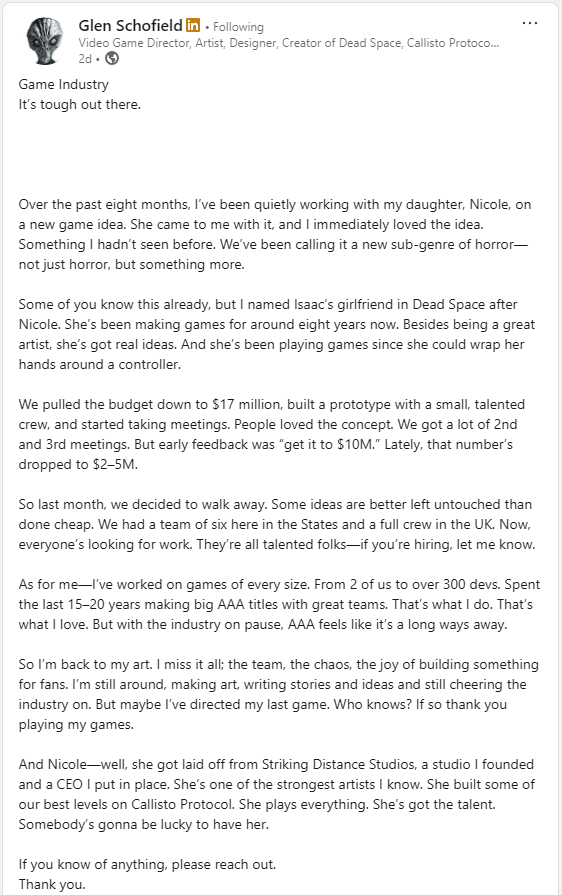 Glen Schofield and his feelings on the current industry.