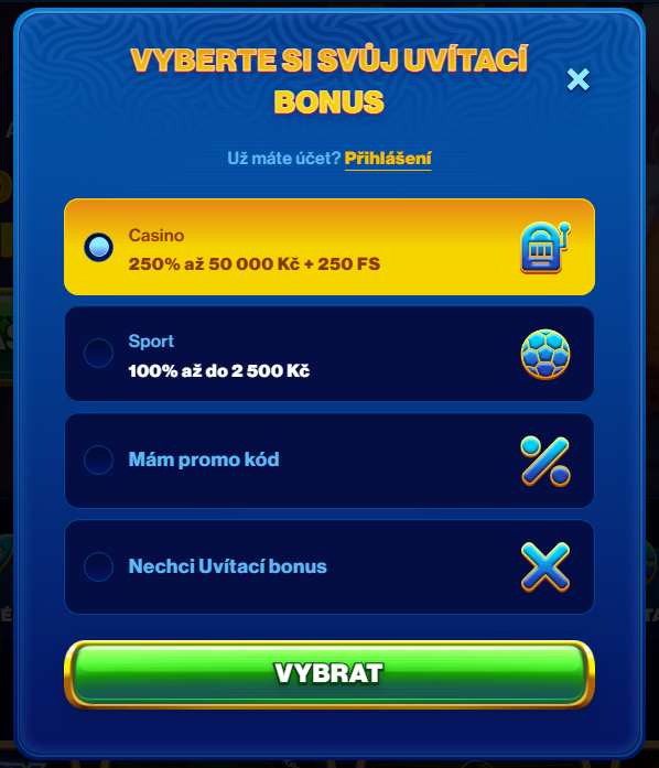 Už na začátku si můžete zvolit, jaký typ bonusu vás zajímá. Na výběr máte z uvítací nabídky pro sportovní sázky nebo klasické casino hry. Pokud nepatříte mezi fanoušky bonusů, můžete tuto nabídku přeskočit. Pro ty, kteří mají to štěstí a sehnali někde promo kód – jako třeba z e-mailu nebo promo akce – je zde taky připravena kolonka pro jeho zadání.