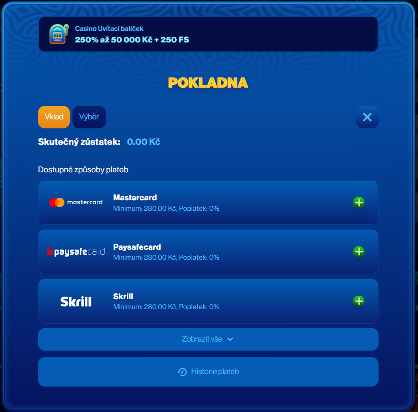 Po úspěšné registraci se vám okamžitě zobrazí nabídka možností vkladu. V praktickém menu si můžete zvolit způsob, který vám nejlépe vyhovuje – ať už jde o platbu kartou, vklad přes kryptoměnu nebo jinou dostupnou metodu. Po dokončení prvního vkladu vám pak už nic nebrání pustit se do hraní.