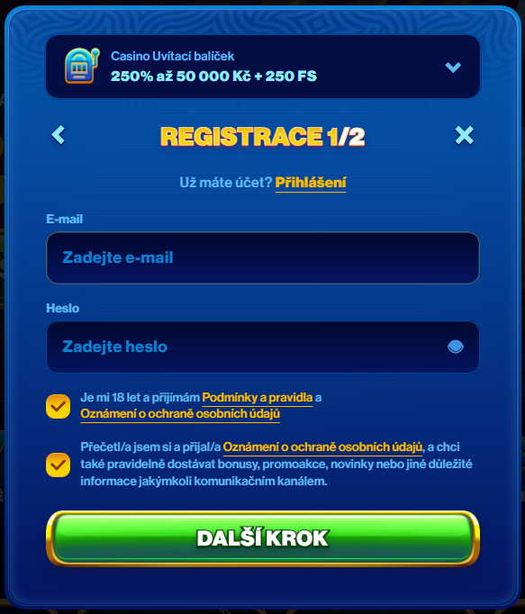 Další krok je o něco osobnější, ale nezabere vám moc času. Zadejte svůj e-mail a vytvořte si heslo, které bude silné, ale zároveň dobře zapamatovatelné. Následně je potřeba potvrdit, že vám již bylo alespoň 18 let a že souhlasíte se zásadami ochrany osobních údajů.