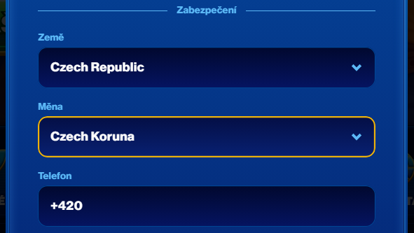 V dalším kroku si zvolíte zemi, ve které aktuálně žijete, a vyberete měnu, v níž chcete mít vedený svůj hráčský účet. Nakonec doplníte své telefonní číslo, které často slouží hlavně pro rychlé ověření a zvýšení bezpečnosti vašeho účtu.