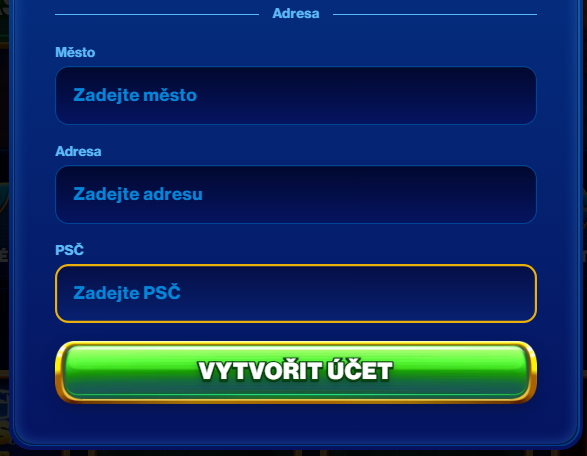 Na závěr je potřeba ještě vyplnit adresu bydliště – tedy ulici, město a poštovní směrovací číslo. Jakmile máte všechny údaje kompletní, kliknete na tlačítko „Vytvořit účet“ – a váš hráčský profil je prakticky hotový.