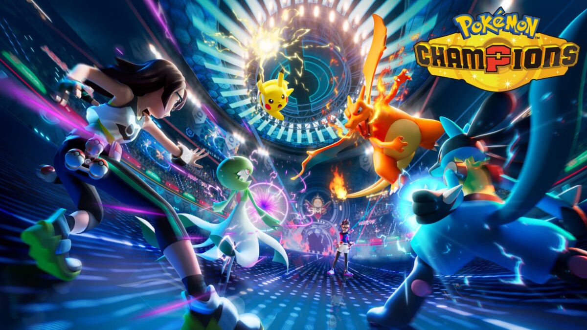 Pokémon Champions key art featuring Pikachu and Charizard battling Gardevoir and Lucario.