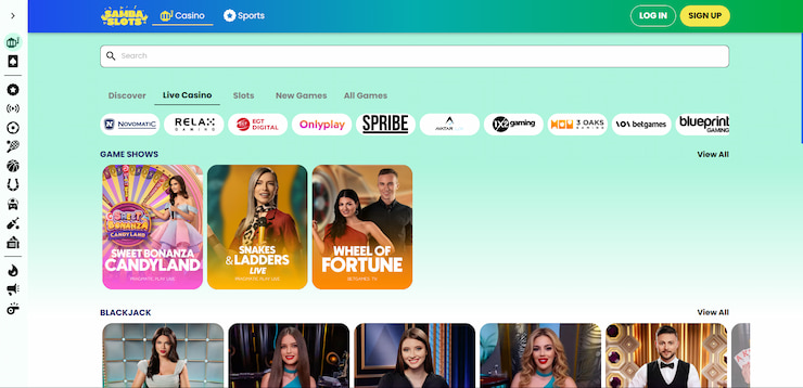 Samba Slots page, highlighting the number of live casino games on offer.