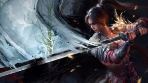 Wuchang: Fallen Feathers cover art that features the protgonist swinging a sword.