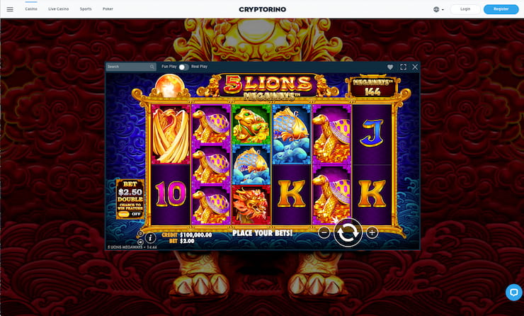 A screenshot from our 5 Lions Megaways review at Cryptorino 
