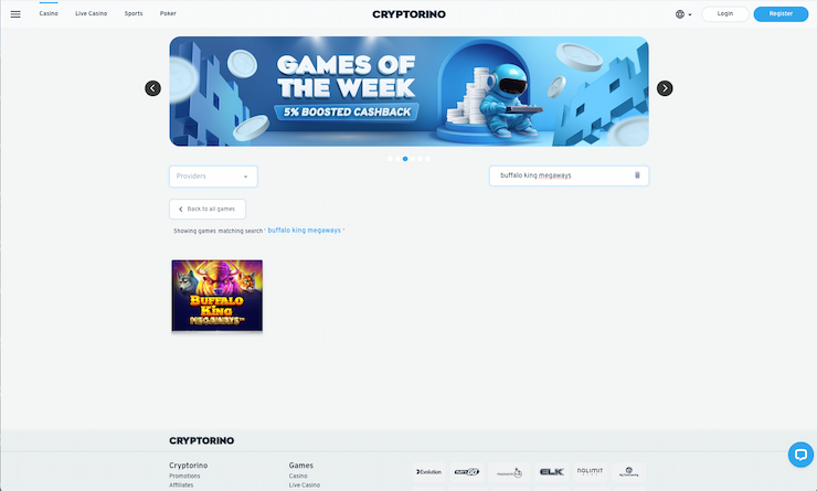How to find the Buffalo King Megaways slot at Cryptorino 
