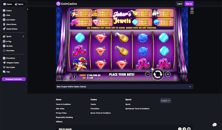 Checking out CoinCasino during our Joker's Jewels slot review