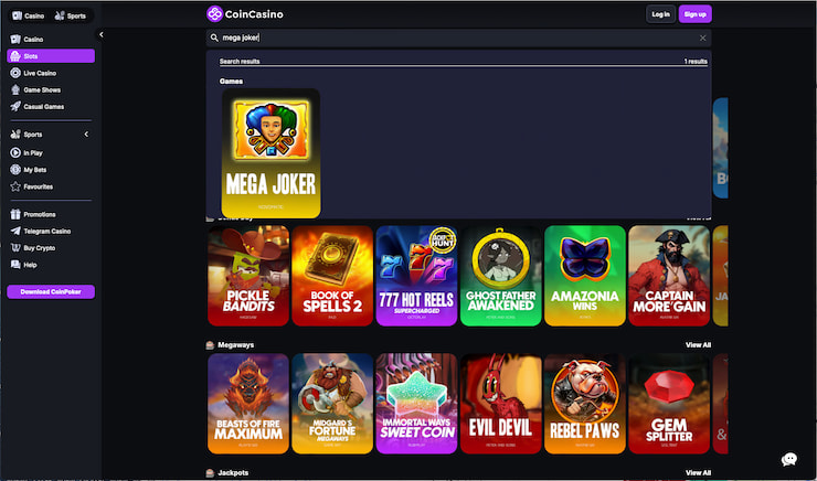A CoinCasino screenshot from our Mega Joker slot review