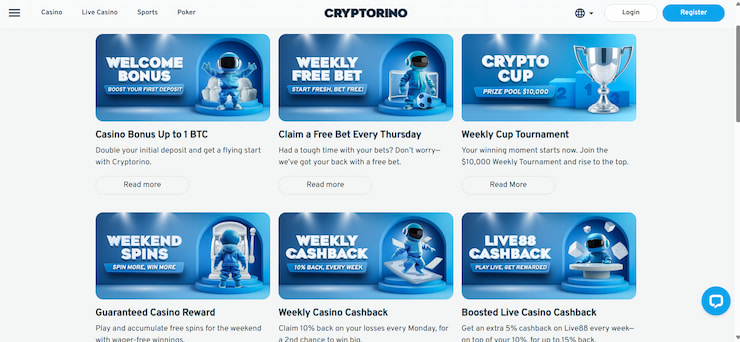 A screenshot of crypto bonuses at Cryptorino that we used during our Fire My Laser slot review