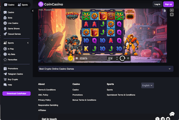 A screenshot of the Crystal Robot slot at CoinCasino