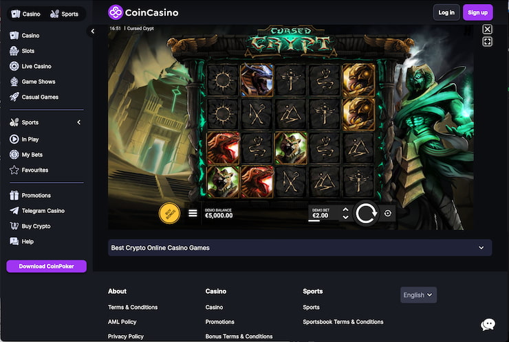 A screenshot of the Cursed Crypt slot at CoinCasino