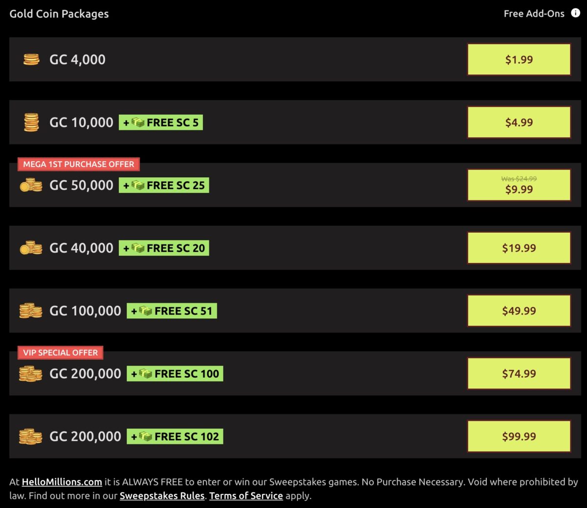 Gold Coins Packages Hello Millions