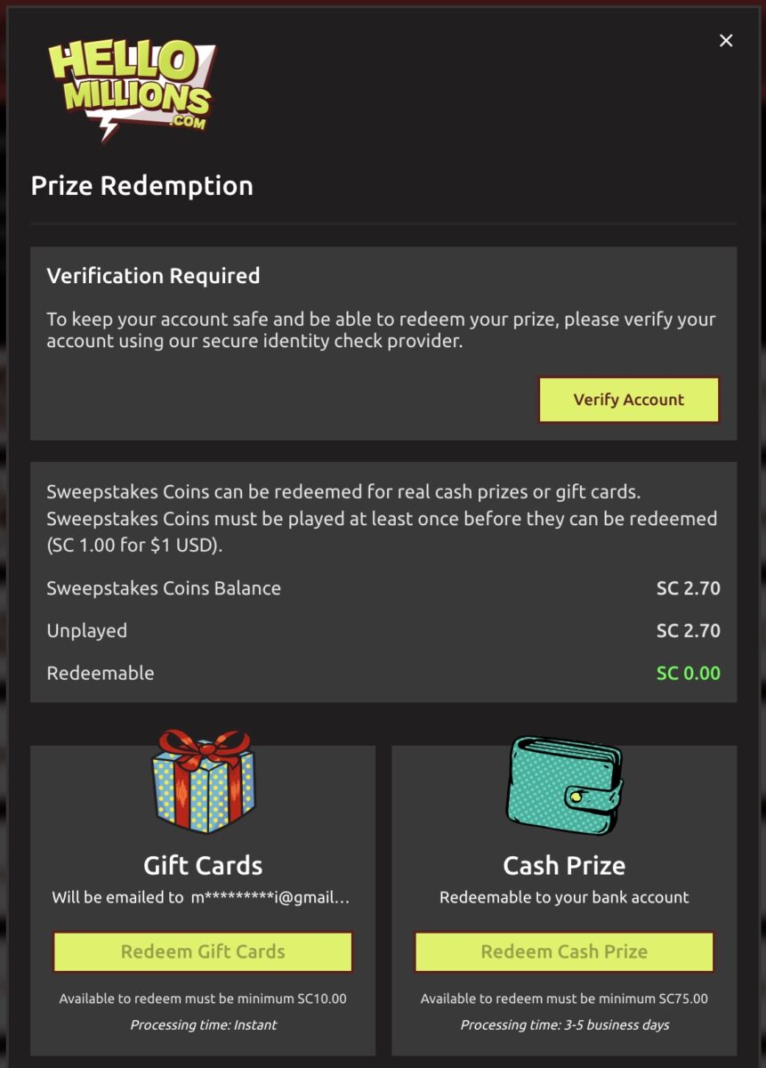 Hello Millions Prize Redemption Screen