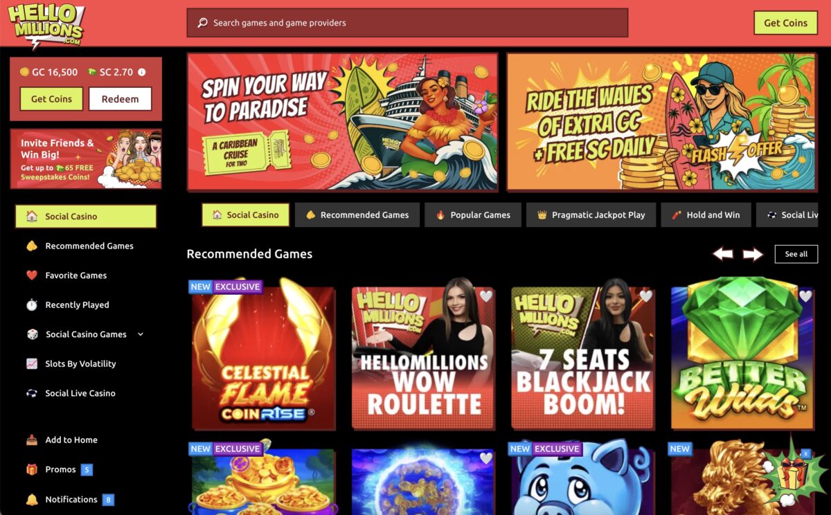 HelloMillions Sweepstakes Casino Screenshot