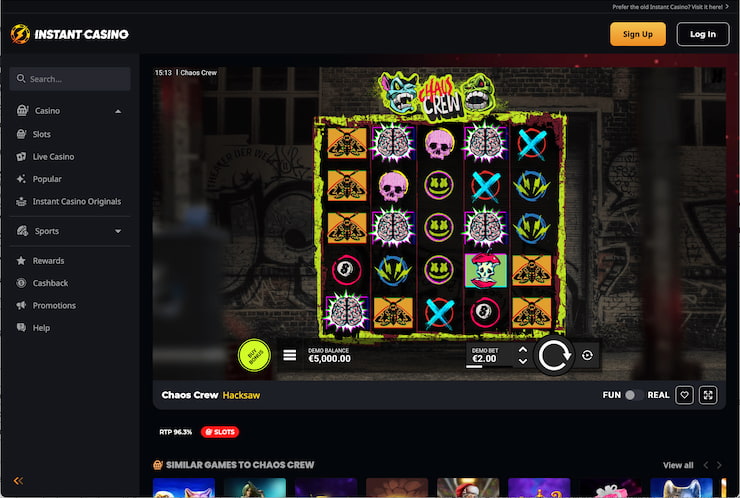 A look at Instant Casino's Chaos Crew slot interface.