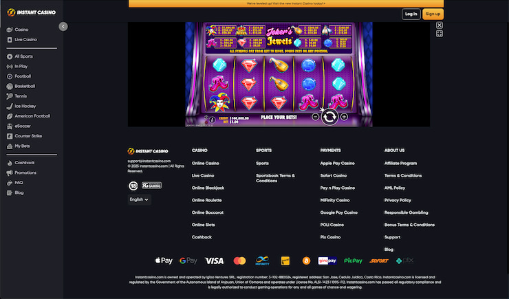 What Instant Casino looked like during our Joker's Jewels slot review