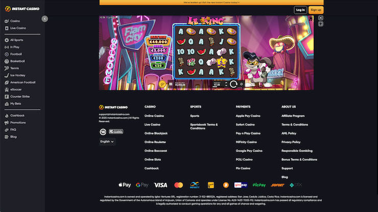 A snapshot from Instant Casino during our Le King slot review