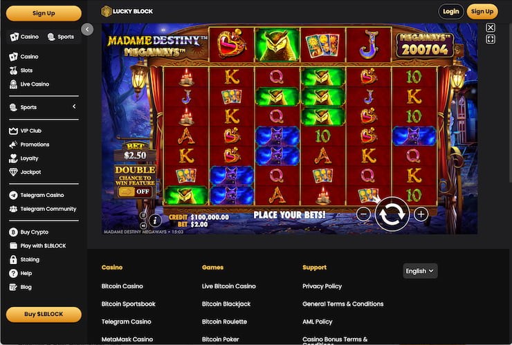 A snapshot from our time at Lucky Block during this Madame Destiny Megaways slot review