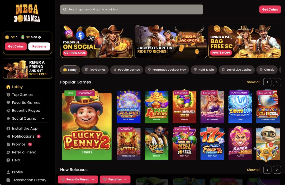 Screenshot of the Mega Bonanza Lobby
