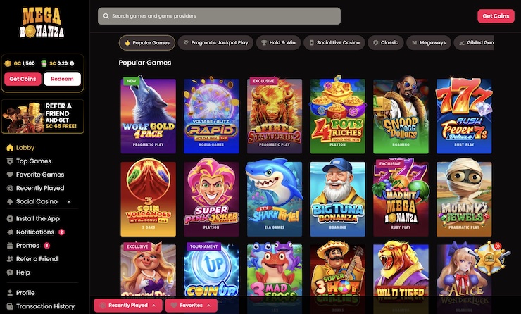 Screenshot of new sweepstakes casino Mega Bonanza