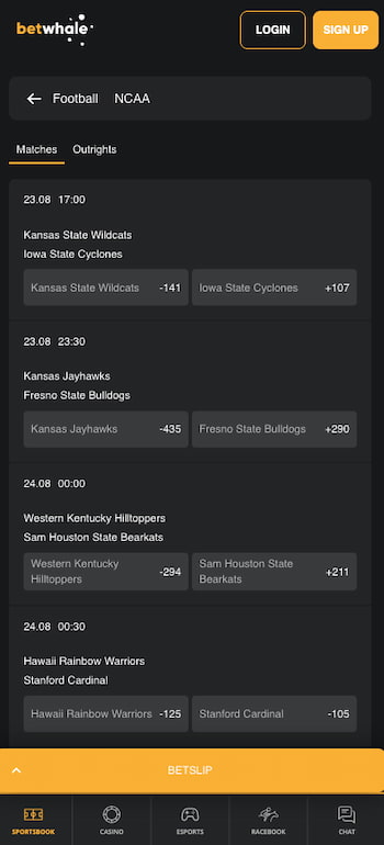 NCAAF lines for opening weekend at betwhale DE sportsbook app