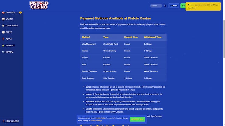 Pistolo Casino Deposit Options