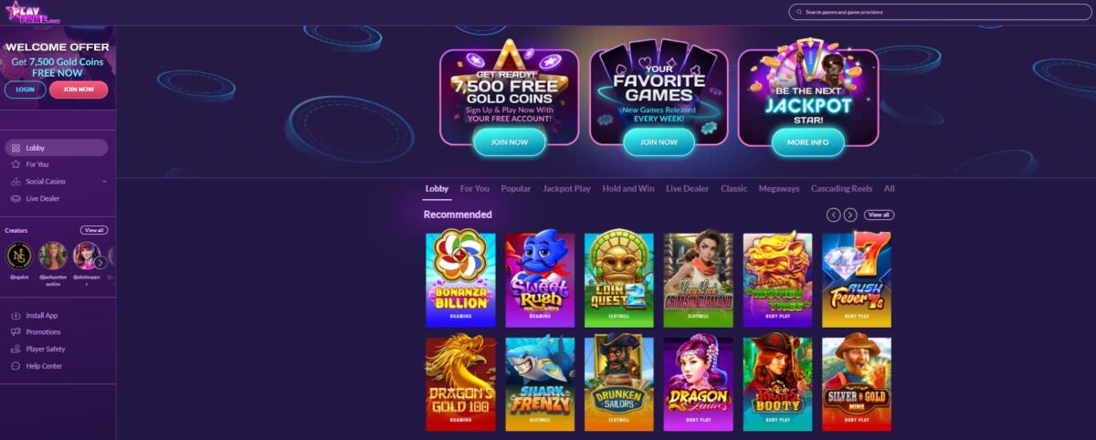 PlayFame Casino Game Lobby